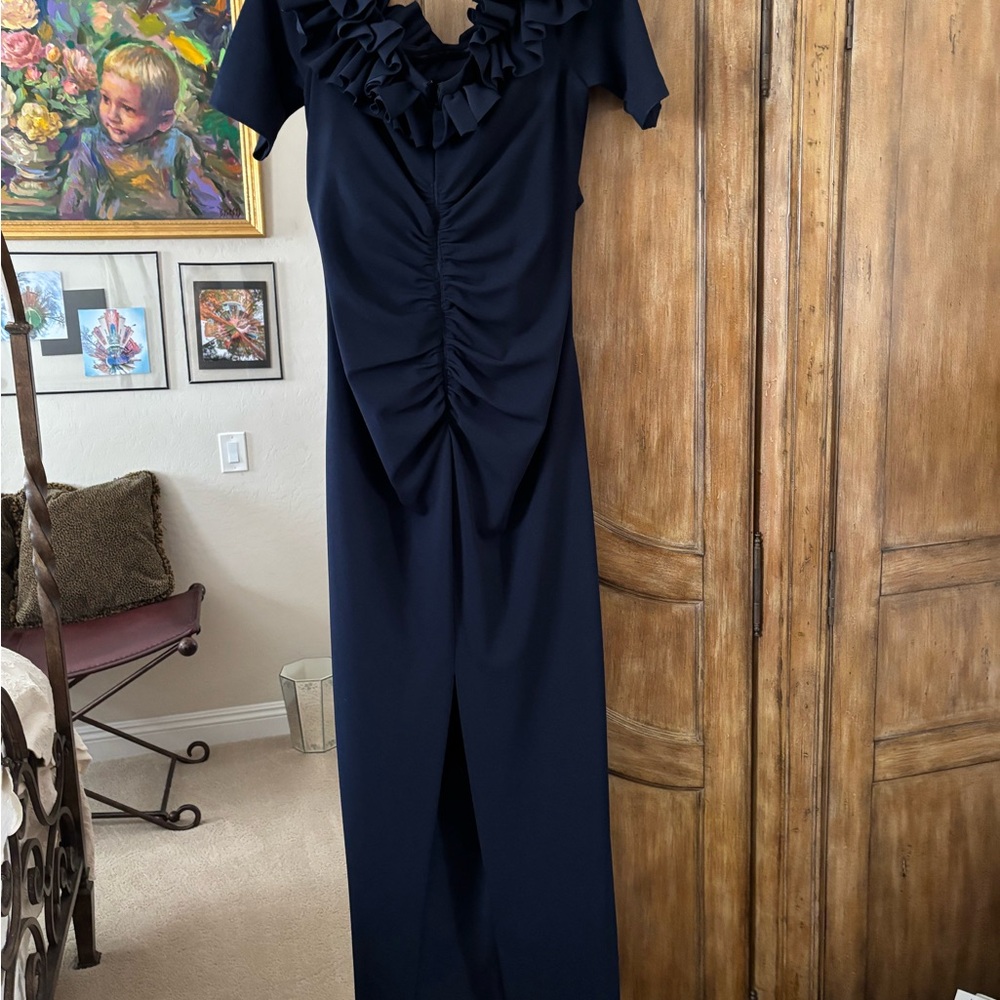 Xscape Blue Ruched Ruffled Gown